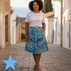 Lane Bryant Women's Plus Seascape Aqua Blue Pleated Full Skirt New 22/24